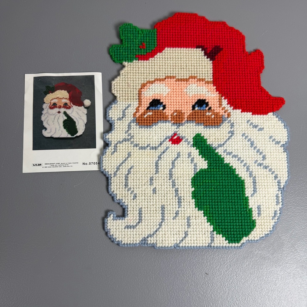 Vintage Plastic Canvas Yarn Christmas Wall Decor Santa Claus & Reindeer